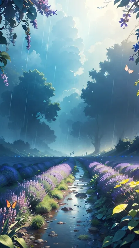 A wide lavender field with so much rain pouring and with lots of butterflies flying in the air.. with mystical feel and in 8k ultra wallpaper 