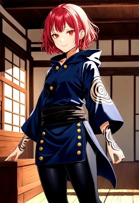 short red hair not too far below the shoulder but not too far above the shoulder, wavy hair, a dark blue jujutsu outfit with gold buttons, a dark blue hood, the sleeves of the clothing at the hem were wide and long but did not go past the hand and the bott...