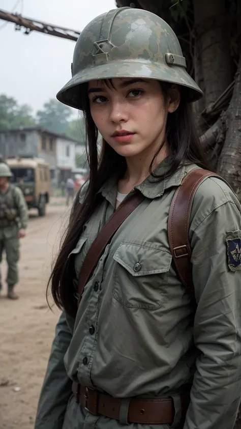 (masterpiece), best quality, expressive eyes, perfect face, All quiet on Indochina Front, man, sandbags, dirty, uniform, realistic, HD, Rifle M16, United States, American man, helmet, Vietnam, imperial, full body, bush, Vietnam war