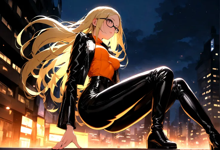 beautiful girl, with long blonde hair, who uses black glasses, with wide hips, narrow waist, medium chest, pretty face, perfect and glowing skin, wearing flared leather pants and a leather jacket, with an orange blouse, full body, what is in a city at nigh...