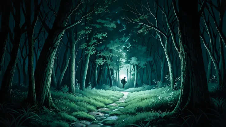 Late at night, in a dark forest, the ghost of a girl sneaks a peek behind a tree deep in the forest, high quality, high detail, 4k.8k