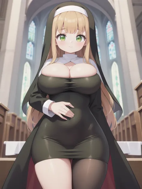 master-piece, bestquality, 1girls,16 years old, View viewers from front, HD, slight smile, massive tits, cleavage, under , tights cloth, , tiny body, under tits cleavage, look down, stand up, wide hips, mimosa vermillion, brown hair, (green eyes:1.5), blun...