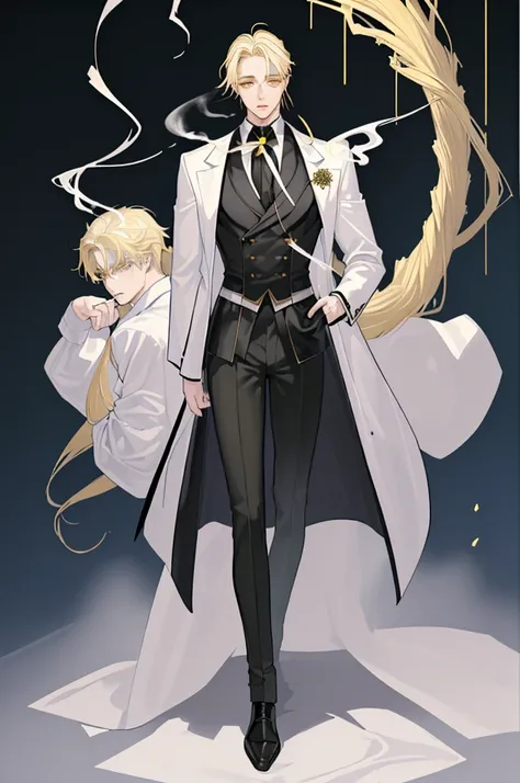 (masterpiece), best quality, seductive eyes, mature face, handsome man, yellow eyes, mid length blonde hair, full bangs covering his forehead, white shirt, black pants, black coat, broad shoulders, anime cover, 1boy, masculine, hirotaka nifuji, smoking, fu...