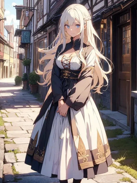 1girl,	(anime coloring:1.2),	perfect_anatomy,	best quality,	anime scene,	otherworldly,	downturned eyes,	cool beauty,	beautiful_hair,	straight hair,	white long hair,	slim,	slender,	feminine,	heartwarming smile,	german clothes,	standing,		Old town atmosphere...