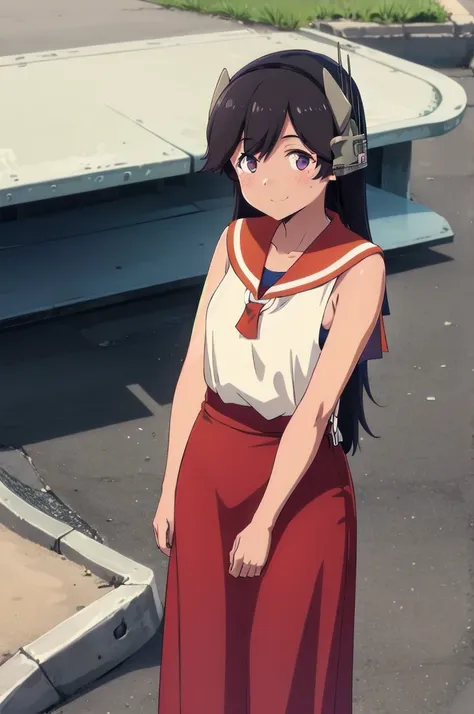 One Girl, alone, whole body, In-person audience, View your audience, smile, I400KC, Long Hair, White shirt, Sleeveless, Sleeveless shirt, headgear, , Sunburn, Sunburnlines, , Sailor shirt, Orange sailor collar