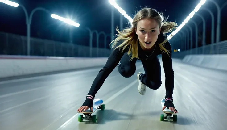 a female skater sliding in the speed of light, sprinting, speed light trail behind, close up, iconic sliding stance, forward to ...