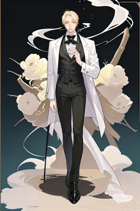 (masterpiece), best quality, seductive eyes, mature face, handsome man, yellow eyes, mid length blonde hair, full bangs covering his forehead, white shirt, black pants, black coat, broad shoulders, anime cover, 1boy, masculine, hirotaka nifuji, smoking, fu...