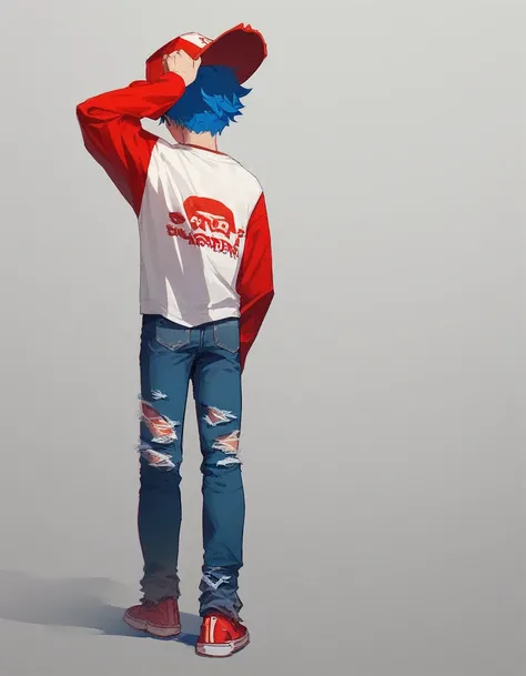 lookalike, solo, short hair, shirt, long sleeves, 1boy, hat, blue hair, standing, full body, white shirt, male focus, shoes, pants, torn clothes, denim, shaded face, t-shirt, jeans, layered sleeves, short over long sleeves, torn pants, red sleeves, red gan...