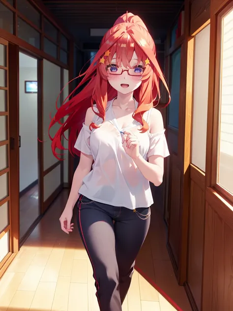 itsukinakano, itsuki nakano, One Woman,bangs, blue eyes, Hair between the eyes, Ahoge, Redhead, star (symbol), hair ornaments, star hair ornaments,smile,blush,Open your mouth,ponytail,Red-rimmed glasses,Cold Shoulder Shirt,skinny pants,Stiletto heels,Walki...