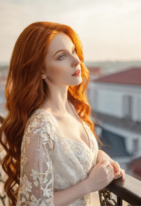 A stunning close-up of Anna Nikonova, also known as NewMilky, captures the ravishing allure of Amouranths fiery locks. Soft, golden lighting caresses her porcelain complexion and highlights her luscious red hair. Framed against a serene balcony backdrop, s...