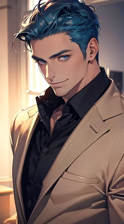 (best quality,4k,8k,highres,masterpiece:1.2),ultra-detailed,(realistic,photorealistic,photo-realistic:1.37),1 man,31 years old,mature man,very handsome,without expression,smile,short blue hair,blue eyes,penetrating gaze,perfect face without errors,imposing...