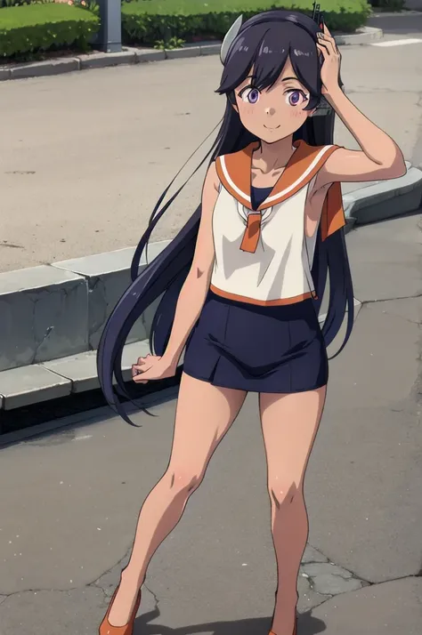 One Girl, alone, whole body, In-person audience, View your audience, smile, I400KC, Long Hair, White shirt, Sleeveless, Sleeveless shirt, headgear, , Sunburn, Sunburnlines, , Sailor shirt, Orange sailor collar,Completely naked