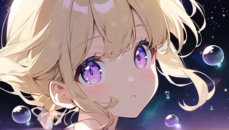 Light blonde girl in anime style，Violet eyes blowing bubbles under the stars