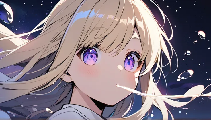 Light blonde girl in anime style，Violet eyes blowing bubbles under the stars