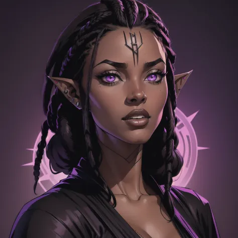 (Portrait) of an (African­ American) female, with dark (black dreadlocks), purple eyes, dark (brown skin), (pointed ears), (slutty assassin), sexy black robe, (lust) demon, (medium shot), perfect composition, hyper-detailed, 8K, high quality, (perfect eyes...