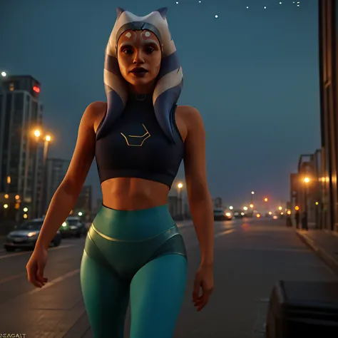 masterpiece, best quality, high quality, extremely detailed 32k unit an enchanting front view, A pretty 40 year old Blonde haired woman, she is standing out side Futuristic Building at night, she is wearing  teal leggings and a crop top, her hair is Choppy...