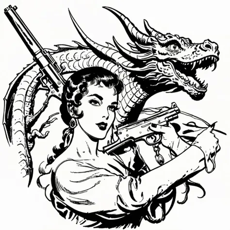 vintage clipart illustration of an arabed image of a woman with a gun and a dragon laying in her shoulder, delirious, defiant, o...