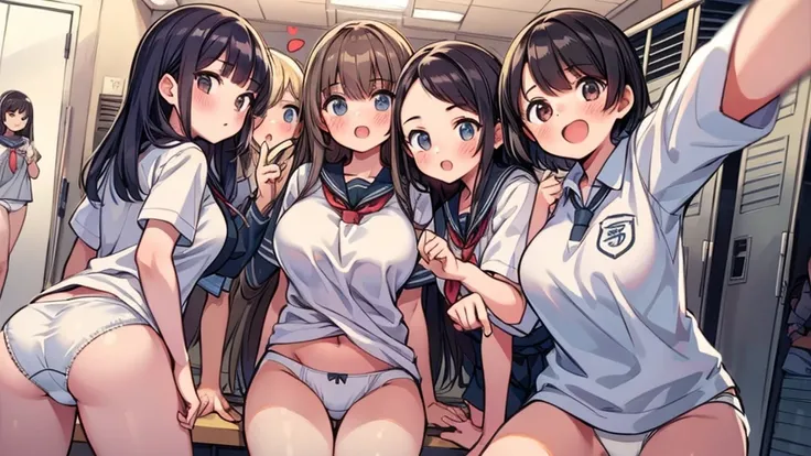 (master piece, high quality), (multiple girls), 14, , locker room, (white panties), school shirt, (group selfie), wide angle, soft light,Heart-Shaped Boob Challenge 

