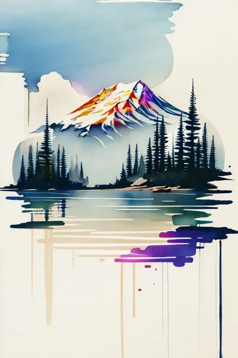 white background, scenery, watercolor, mountain々, water, wood, colorful,