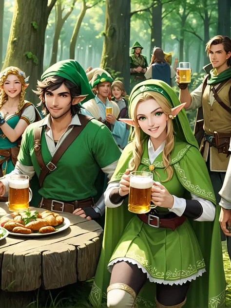 still image in realistic art style，(link:1.5)，a group of happy the legend of zelda characters, (male and female)wearing various ...