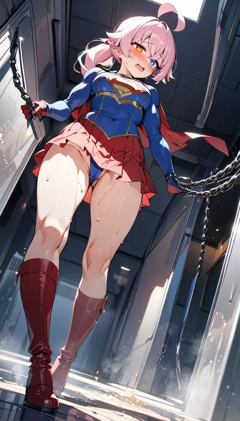 (full body), (masterpiece:1.2), (Highest_quality:1.2), (Ultra_detailed:1.3), 8K, Low - Angle，From below， 1 Girl，alone，大きなButtの女の子, red knee high long boots，wearing spcc costume with cape，( Supergirl), Blue leotard，Red mini skirt，Red Cape，gloves，hoshino-pon...