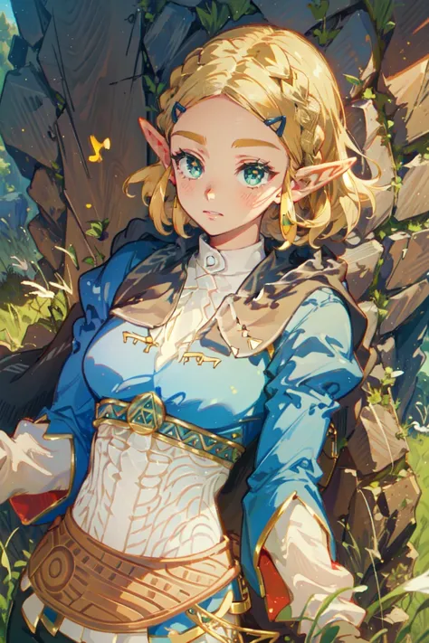 ((Masterpiece, top quality, high resolution)), ((highly detailed CG unified 8K wallpaper)), 1girl, Princess Zelda, short hair, crown braid, hairclip, pointy ears, brown cape, blue shirt, puffy sleeves, long sleeves, fingerless gloves, black gloves, black p...