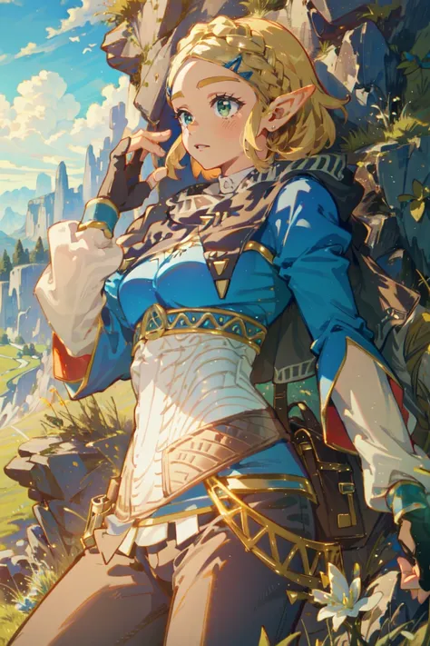 ((Masterpiece, top quality, high resolution)), ((highly detailed CG unified 8K wallpaper)), 1girl, Princess Zelda, short hair, crown braid, hairclip, pointy ears, brown cape, blue shirt, puffy sleeves, long sleeves, fingerless gloves, black gloves, black p...