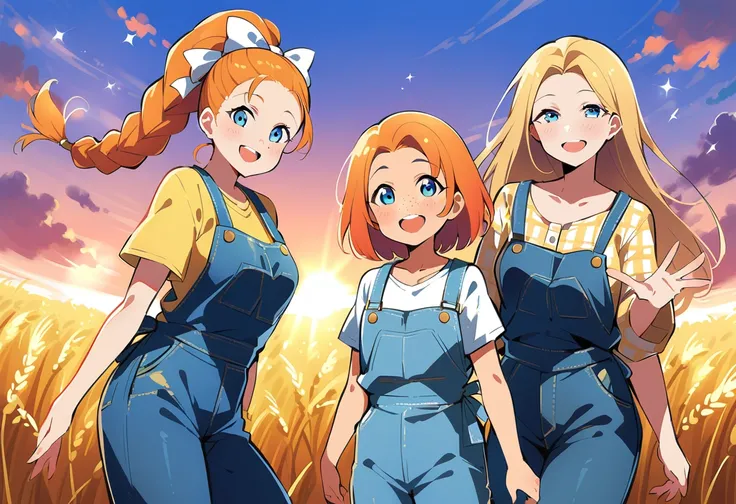 pewarnaan character, visual illustration, @ANN, ann (harvest moon), ran (bokujou monogatari), aged up, 1girl, ponytail, braid, braided ponytail, single braid, forehead, solo, (overalls), outdoors, sky, wheat, field, (blue overalls), smile, blue eyes, wheat...