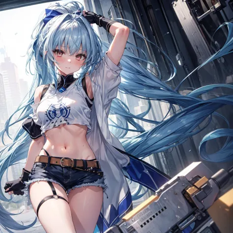 ((highest quality)), ((masterpiece)), ((detailed)), (4k), a girl with blue hair and a top with short sleeves holding a screw dri...