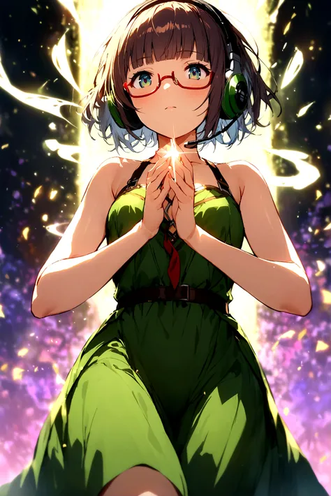 (extremely detailed fine touch:1.3), solo, (((semi-rimless eyewear:1.3))), (headphone:1.2), short hair, blunt bangs,bare arms,1 girl, green robe, standing, 
A female archmage who thrusts her hand into the sky and releases a great wind magic.
 green Motion-...