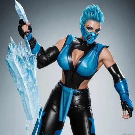 frost, blue hair,  blue eyes, solo, standing, close up, short hair up, spiked hair,covered nipples, 
fronin, mask,  fingerless e...