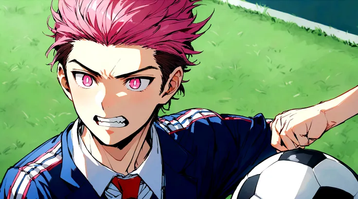 Beautiful youth,One Man,16 years old,Upper Body,Jagged teeth,Dark pink hair, The right sideburn is braided,Cat-like narrow pupils,Pink Eyes,black and blue fitted suit,play soccer,