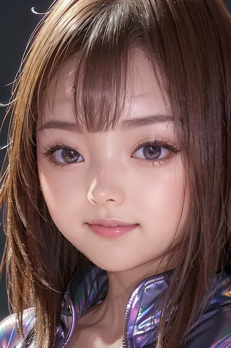 (masterpiece, Highest quality, Very detailed, Detailed face, 8K)、smile、One Girl,, , ((( Iridescent opaque jacket:1.3, , Holographic:1.23))), , Very detailedな明瞭さ, (Symmetrical eyes:1.3), , , , , ,, Parted bangs, , , (Eye and facial details:1.0), , slim、Flat...