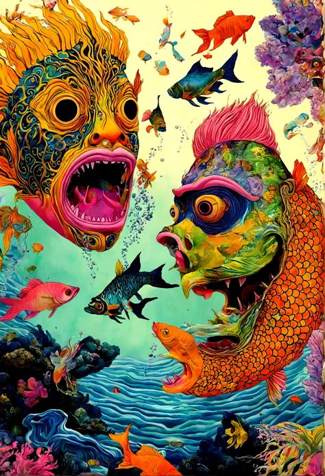 Psychedelic Art，Mask in the air，Chasing fish