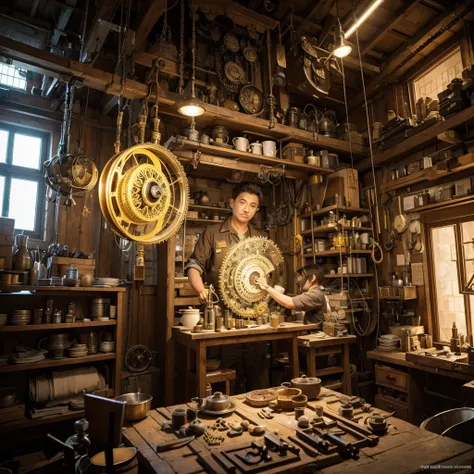 Create a creative and imaginative image of a master craftsman wearing yellow work clothes and proficiently using various tools. Set him in an unconventional and fantastical workshop, such as a steampunk-inspired studio with intricate gears and mechanical w...