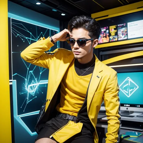 Create a creative and imaginative image of an energetic and stylish entrepreneur man wearing yellow clothes and sunglasses. Set him in an unconventional and futuristic workspace, such as a high-tech office with holographic displays and interactive interfac...