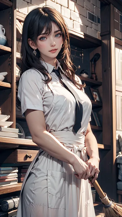 Mezon Hourly Sound Anechoic、Dark blue hair、Tie your hair back、Sexy proportions、Narrow waist、Lace dress、Long skirt、apron、broom、Apartment Background