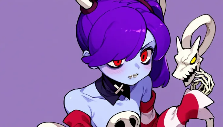 score_9, score_8_up, score_7_up, score_6_up, score_5_up, score_4_up, rating_explicit, 
BREAK
squigly, 1girl, solo, long hair, holding, bare shoulders, yellow eyes, purple hair, detached sleeves, side ponytail, detached collar, skull, blue skin, stitches, z...