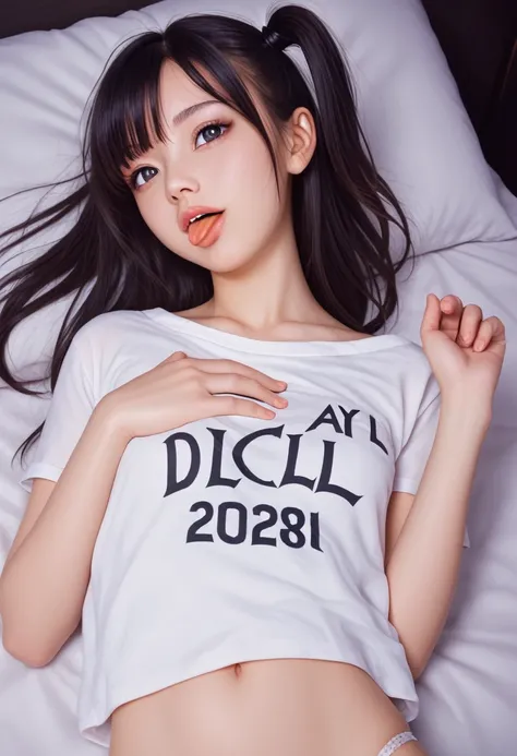 ollarbone,pastel colors t-shirt,off-shoulder look,bare shoulder,midriff peek,string panties,open mouth,(tongue out:2),lying,Hands on chest,looking ahead,from above,front view,upper body,(1girl,Beautiful 14 year old girl),((Slender,Small breasts,Small face,...