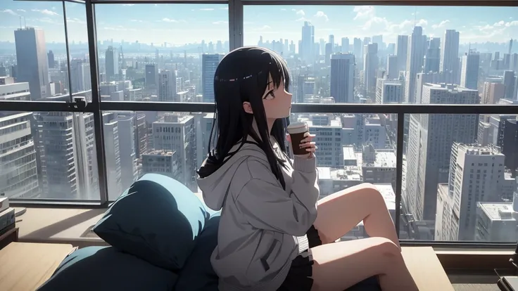 Absurd, Ultra-high resolution, (Official Art, beautifully、mysterious:1.2), Correct human body composition, Striking eyes, Oversized hoodie and short skirt, Shiny black hair, Larger than average bust, Girl listening to music with headphones, Looking out the...