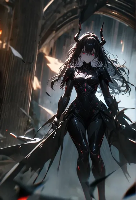 (solo), black hair, messy hair, mane hair, long hair, dense hair, wild hair, expressive hair, mature,(25 year old), pale skin, red eyes, ((woman)), wearing black armor, black dragon horns,, black helmet, serious, black wings, beautiful, attractive, eye ref...