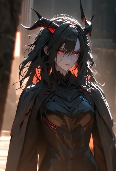 (solo), black hair, messy hair, mane hair, long hair, dense hair, wild hair, expressive hair, mature,(25 year old), pale skin, red eyes, ((woman)), wearing black armor, black dragon horns,, black helmet, serious, black wings, beautiful, attractive, eye ref...