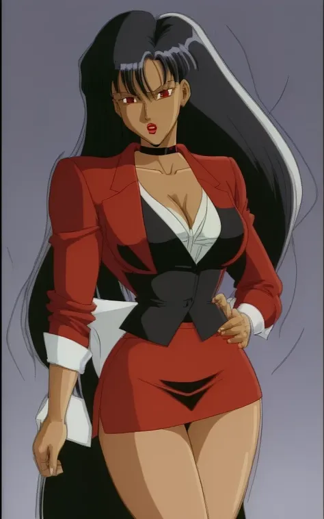 90s anime  black skinned business woman in a white blouse , red skirt and long red blazer suit full body   