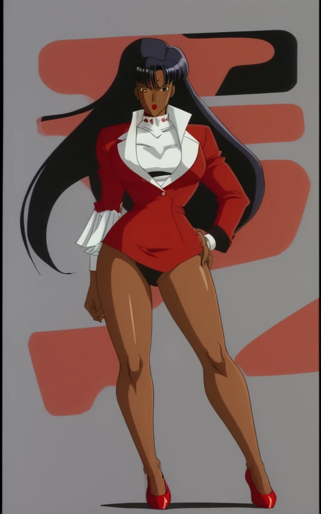 90s anime  black skinned business woman in a white blouse , red skirt and long red blazer suit full body   