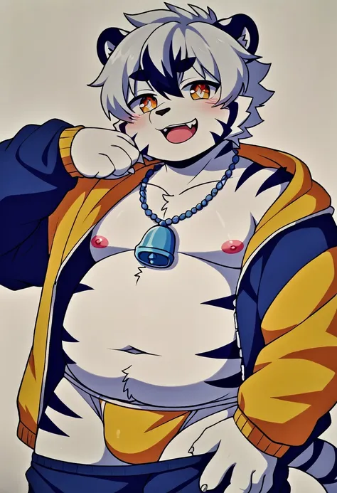 A man slightly chubby, shaped like a White tiger with horny face heart-shaped eyes he Wear traditional Japanese underwear with a loose jacket  and he is being raped, touching own self  Wear a necklace with a bell begged 