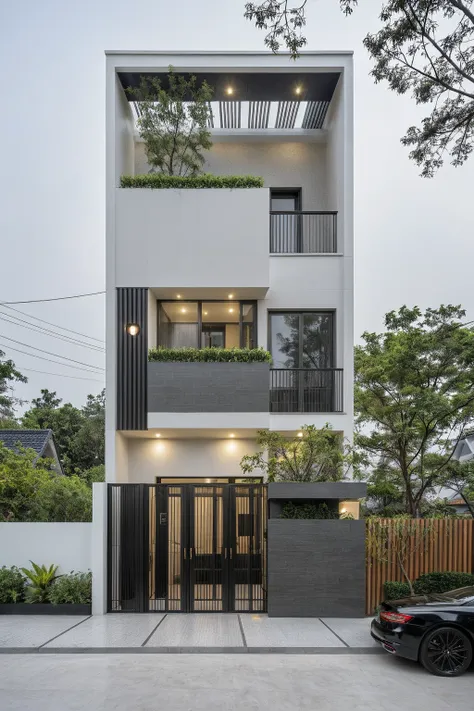 raw photo, a photo of a modern house, (curvilinear chrchitecture:1.4), wabisabi style rounded wall, white wall, steel dark gate,...