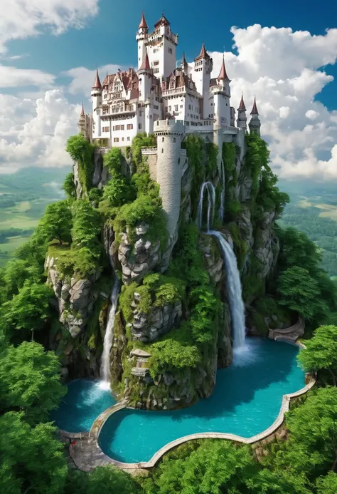 Image of a beautifull luxurious castle  ,old  castle and mordern architechture mix  design  , white colour castle  , pool near castle waterfall flowing from the top of the castle into the pool , clouds everywhere near castle , trees and heavy vegitation on...