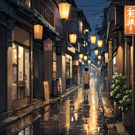 On the streets late at night，A young boy walking alone。The streets were wet from the rain.，The street lamps cast a faint light，Outline a quiet night。Raindrops gently hit the road，It creates a peaceful and peaceful atmosphere。The shops on both sides of the ...