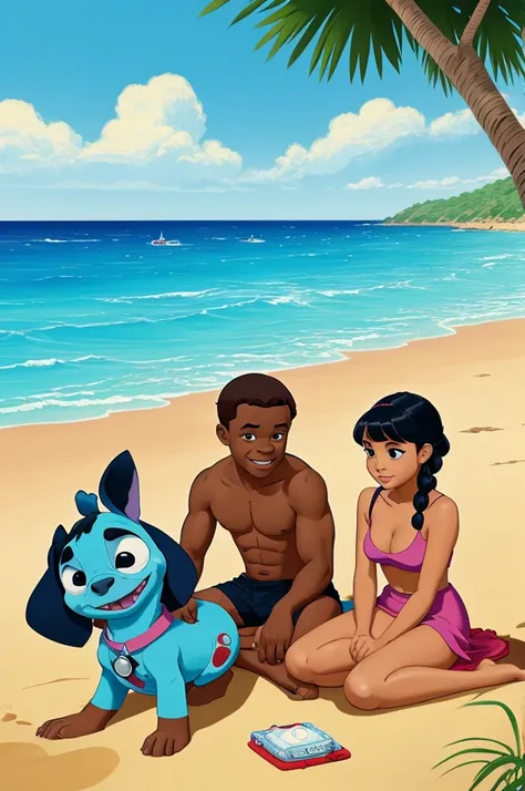 Create me a picture of stitch Angel and leroy on the beach of haway in drawing style of lilo and stitch ((​masterpiece))