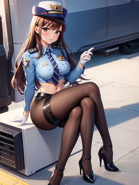 officer dva, solo girl, medium breast, wide hips, thighs, full body, high heels, sitting, crossed legs